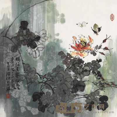 陈葆棣 1993年作 月季蝴蝶 镜心 68×68cm