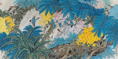 金鸿钧 1989年作 工笔花鸟 镜心 65×131.5cm