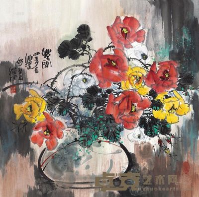 陈葆棣 1993年作 四季长春 镜心 68×68cm