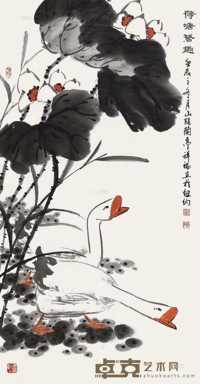 章祥福 2012年作 荷塘鹅趣 镜心 116×60cm