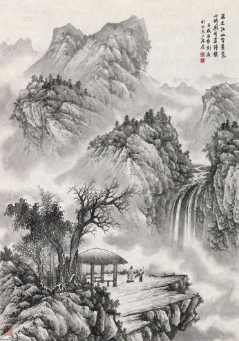 刘广 2012年作 溪山观瀑 镜心