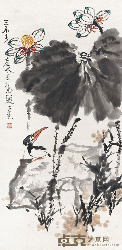 卢光照 荷花翠鸟 立轴 99×49cm