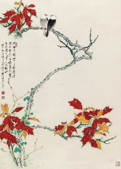 李行百 1978年作 青城红叶小鸟 立轴