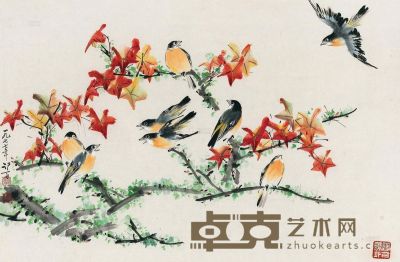 李行百 1977年作 单枫集禽 镜框 44×68cm