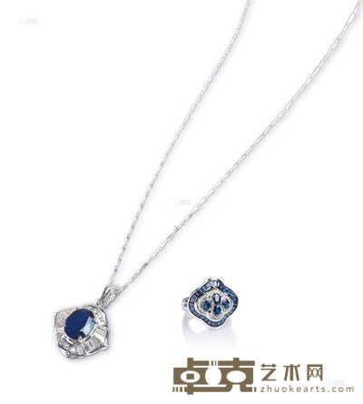 蓝宝18K金镶钻吊坠项链、戒指套装