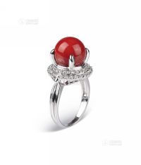 红珊瑚钻石铂金戒指