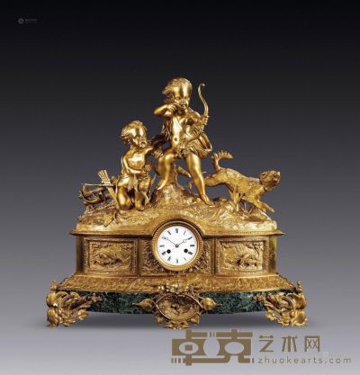 法国十九世纪?铜鎏金天使狩猎雕塑钟 高63cm