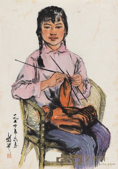 吴光华 1974年作 织衣少女 镜心 45.5×32cm