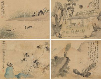李育 花鸟人物 （四幅） 镜心