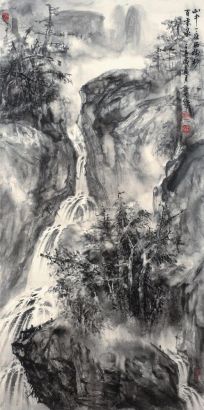 谢天成 壬辰（2012年）作 树杪百重泉 镜心