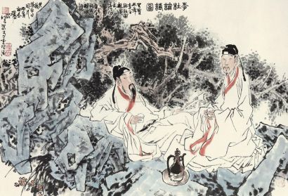张绍城 丙寅（1986年）作 李杜论诗图 镜心