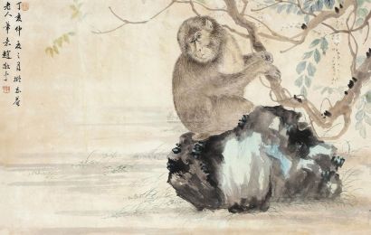 赵敬予 丁亥（1947年）作 猴戏图 横幅