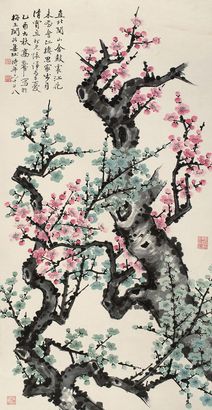 高野侯 乙酉（1945年）作 双色梅花 立轴