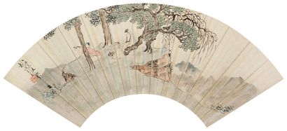 王霖 听阮图 扇面