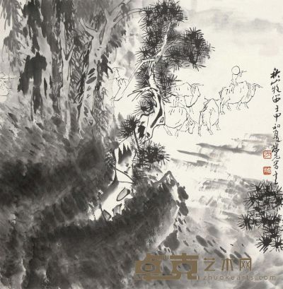 方增先 壬申（1992）年作 秋山牧笛 镜片 69×69cm