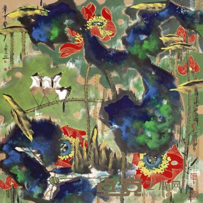 韩天衡 辛巳（2001）年作 花中君子 镜片 96×96cm
