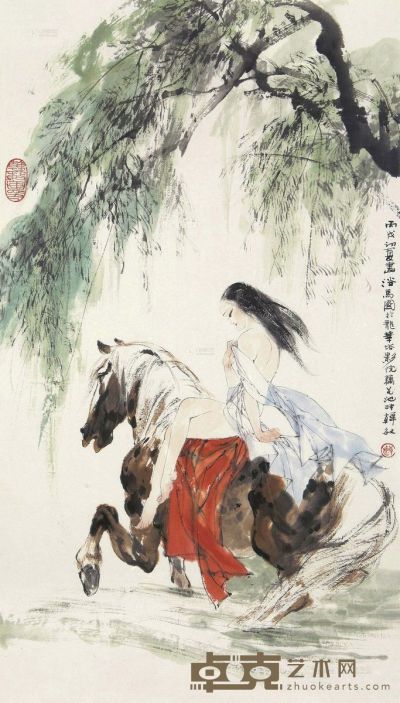 韩敏 丙戌（2006）年作 浴马图 镜框 69×40cm