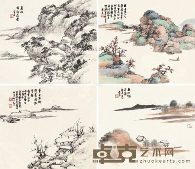 萧俊贤 丙戌（1946）年作 五州烟雨 （四幅） 册页片 26×29cm×4