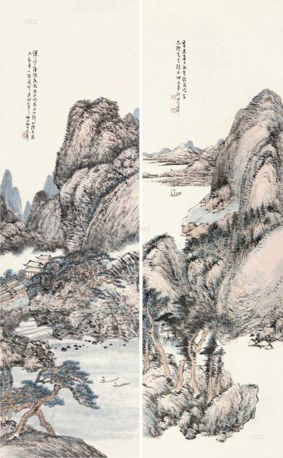 秦仲文 辛未（1931）年作 疏林远岫 （二幅） 屏轴