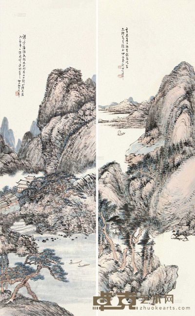 秦仲文 辛未(1931)年作 疏林远岫 (二幅) 屏轴 105×32cm×2