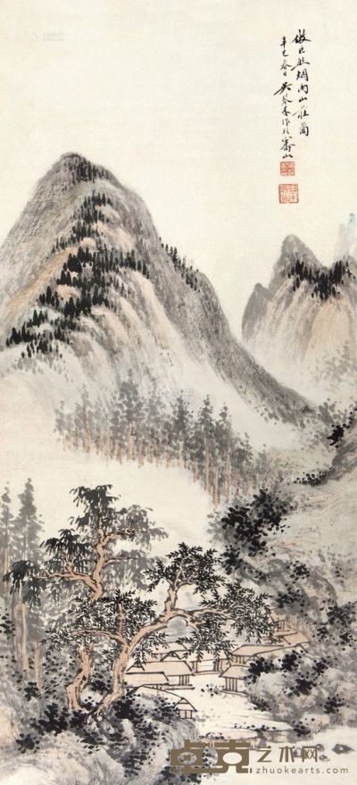 吴琴木 辛巳（1941）年作 烟雨山庄 立轴 67×31cm