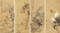 钱慧安 朱偁 沈心海 韦子钧 丁亥（1887）年作 雅趣 （四帧 四幅） 镜片