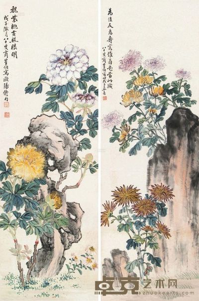 商笙伯 戊子（1948）年作 菊花图 （两幅） 镜片 99×32cm×2