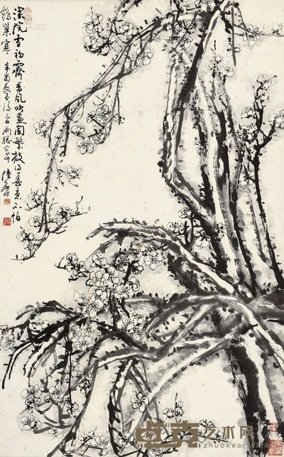 陆抑非 辛酉（1981）年作 傲梅 立轴 96.5×60.5cm