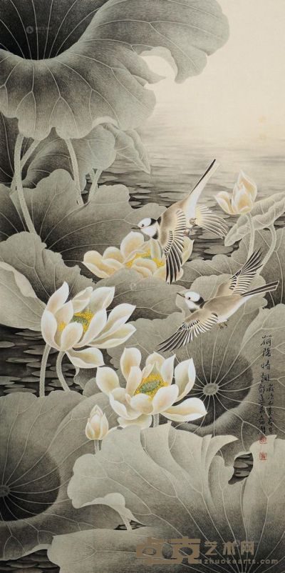 董希源 乙亥（1995）年作 荷阴情趣 镜片 133×67cm
