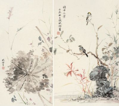 俞斌浩 壬辰（2012）年作 园中小景 （两幅） 镜片