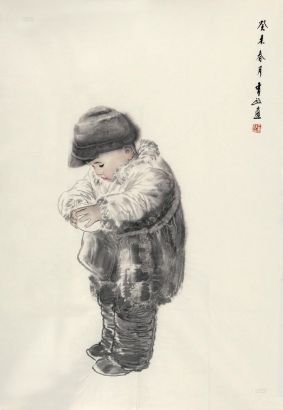 王有政 癸未（2003）年作 拿苹果的小孩 镜心
