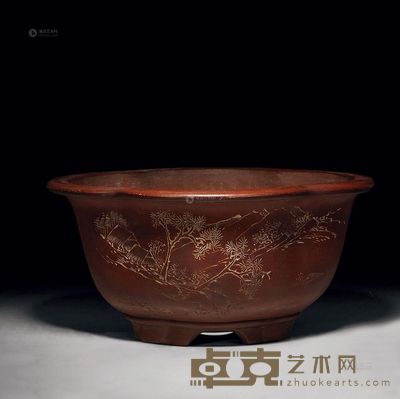 北岩刻 绘山水葵口盆 33×30×16cm