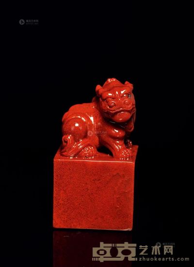 高山朱砂洞石圆雕狴犴钮印 3.3×3.3×5.9cm