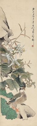 任薰 庚午（1870年）作 花间彩凫 立轴