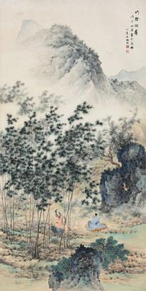 王心竟 戊子（1948年）作 竹阴话旧 立轴