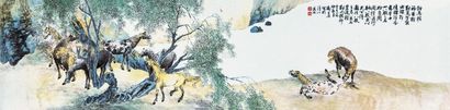 邹文侯 八骏图 粉彩瓷板
