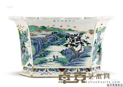 清康熙 斗彩山水人物六方折沿花盆 长58.5cm；宽42cm；高32.2cm