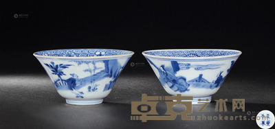 清康熙 青花高士图斗笠盏 (一对) 直径10cm