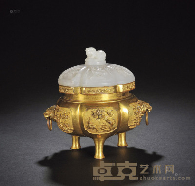 清中期 铜鎏金三足炉（配白玉盖） 高10.5cm