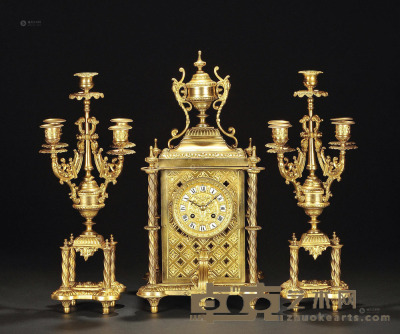 19世纪 铜鎏金四方镂空座钟 （一套） 高48cm