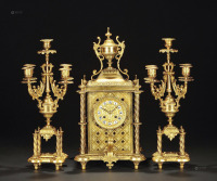 19世纪 铜鎏金四方镂空座钟 （一套）