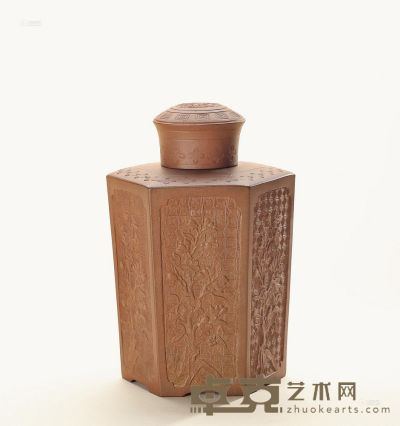 清中期 紫砂印花六方茶叶罐 高16.5cm