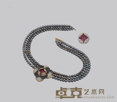 18K镶红宝石、钻石配珍珠项链及戒指套装 