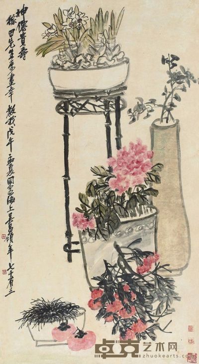 吴昌硕 1918年作 神仙贵寿 镜框 120×65cm