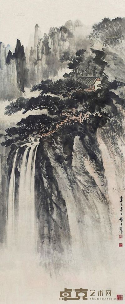 黄君璧 1941年作 飞瀑图 镜框 121×50cm