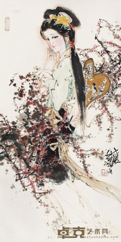 林墉 1988年作 赏花图 立轴 136×68cm
