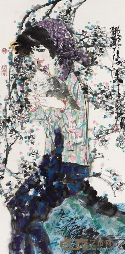 林墉 1997年作 少女与鸽 镜框 138×68cm