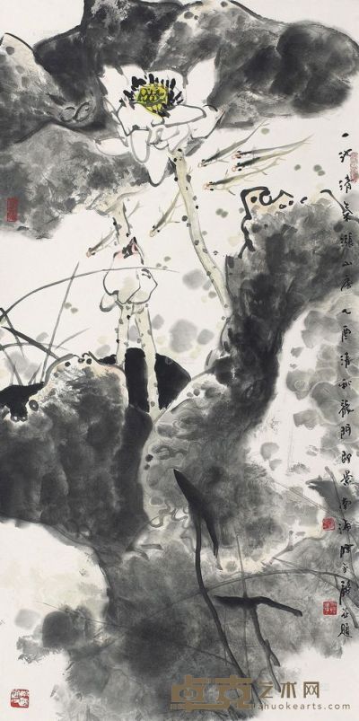 陈永锵 2005年作 荷花 镜框 136×68cm