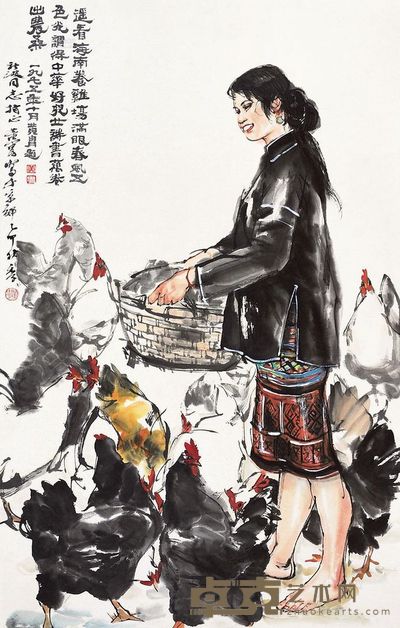 黄胄 饲鸡图 立轴 94×61cm