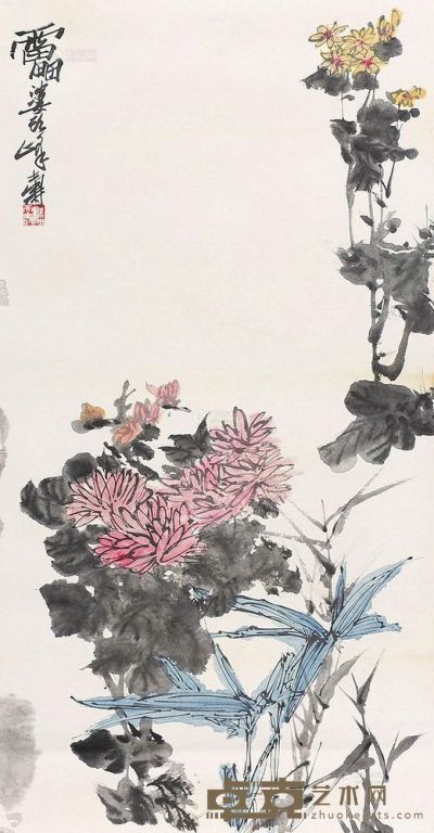 潘天寿 竹菊 镜片 101×43cm